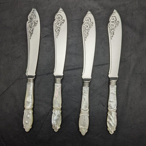 1875 British Antique Fish Cutlery Set 4x2 Sterling Silver Blade White Mother of Pearl Handle in Tray