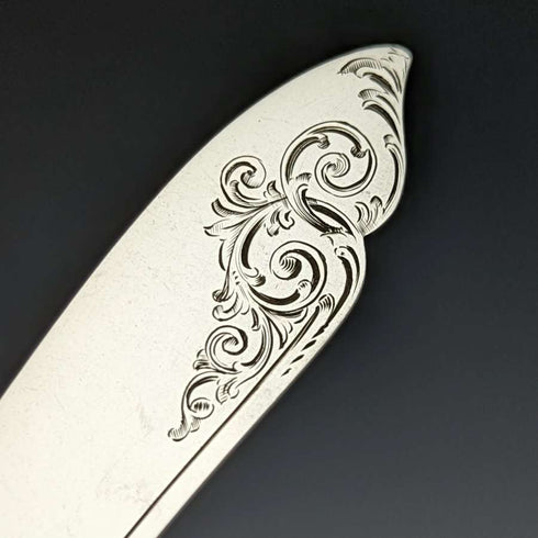 1875 British Antique Fish Cutlery Set 4x2 Sterling Silver Blade White Mother of Pearl Handle in Tray