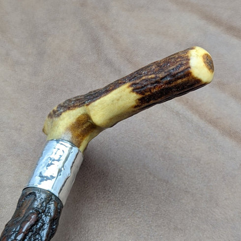 1908 British Antique Men's Walking Stick Deer Antler Clutch Handle 85cm