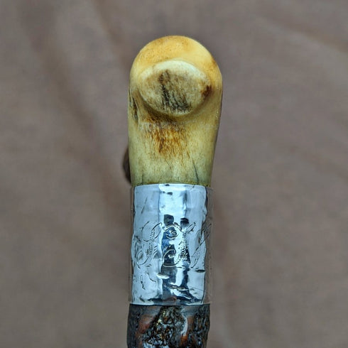 1908 British Antique Men's Walking Stick Deer Antler Clutch Handle 85cm