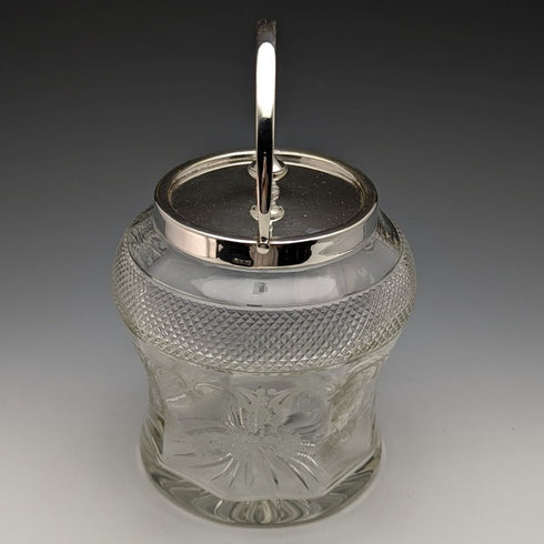 British vintage cut glass biscuit barrel silver plate lid 823g
