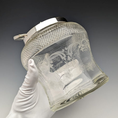 British vintage cut glass biscuit barrel silver plate lid 823g