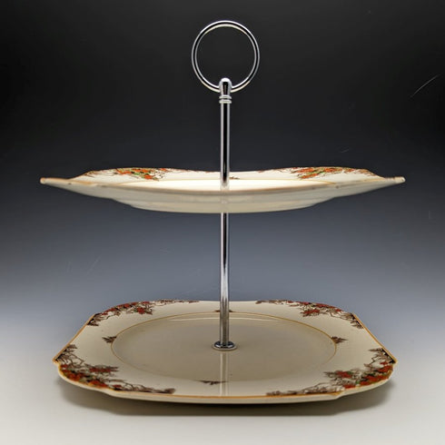 2 tier cake stand with British vintage porcelain plate