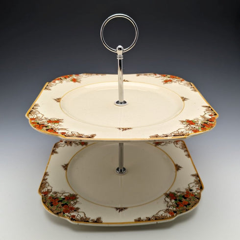 2 tier cake stand with British vintage porcelain plate