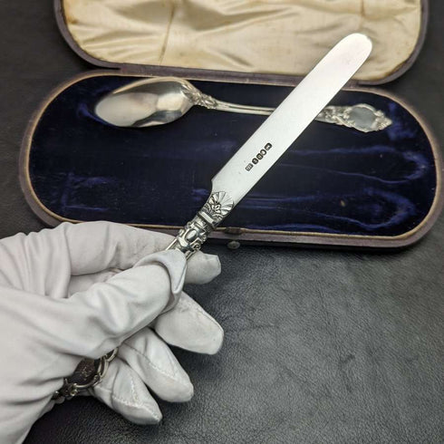 Juego de cubiertos de bautizo de plata esterlina antigua inglesa de 1851, en estuche