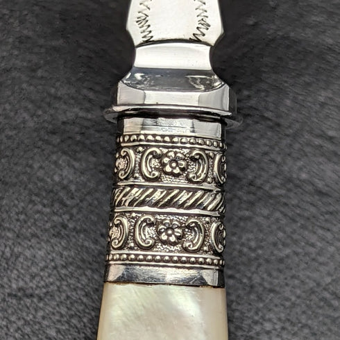 英國古董銀盤魚服務器套裝白色蝴蝶貝殼手柄