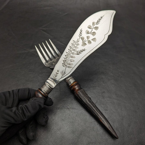 1899 年英國古董鍍銀魚服務器套裝鹿角手柄