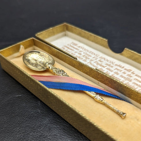 1936年 英国ヴィンテージ 純銀製 アノイティングスプーン 金メッキ装飾 箱入り