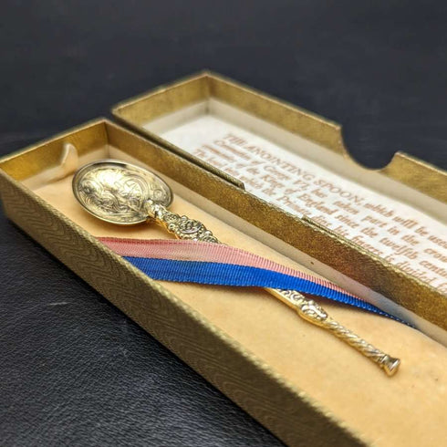 1936 British vintage sterling silver anointing spoon with gold-plated decoration boxed
