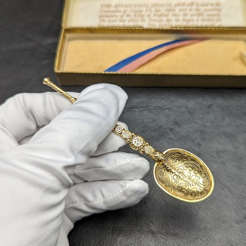 1936年 英国ヴィンテージ 純銀製 アノイティングスプーン 金メッキ装飾 箱入り