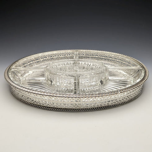 英国ヴィンテージ シルバープレート製 ギャラリートレイ ガラスライナー付 幅31cm 1717g