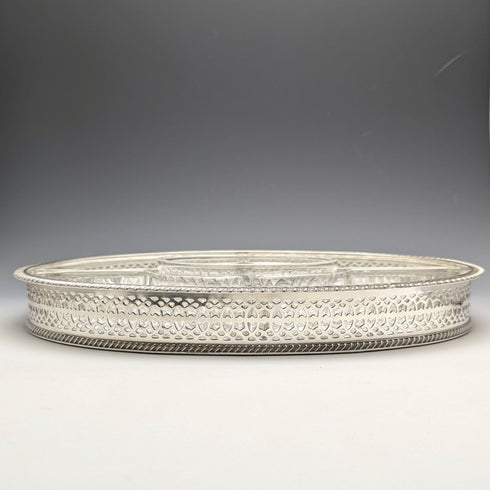 英国ヴィンテージ シルバープレート製 ギャラリートレイ ガラスライナー付 幅31cm 1717g