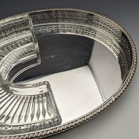 英国ヴィンテージ シルバープレート製 ギャラリートレイ ガラスライナー付 幅31cm 1717g