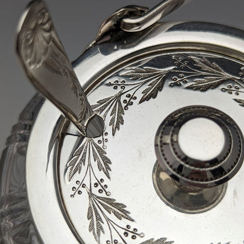 英国アンティーク カットガラス ジャムポット シルバープレート蓋 スプーン付き