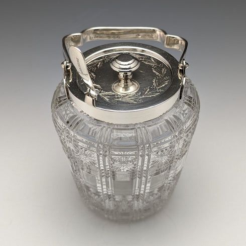 英国アンティーク カットガラス ジャムポット シルバープレート蓋 スプーン付き