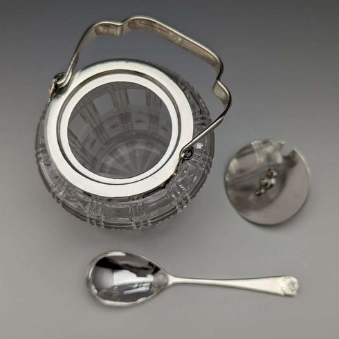 Tarro para mermelada de cristal tallado antiguo británico con tapa de plata chapada y cuchara