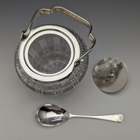 英国アンティーク カットガラス ジャムポット シルバープレート蓋 スプーン付き