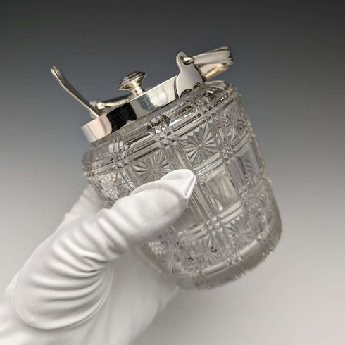 Tarro para mermelada de cristal tallado antiguo británico con tapa de plata chapada y cuchara