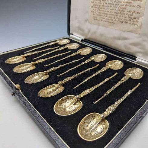 1936 British vintage sterling silver anointing spoon set of 12 in a case