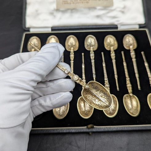 1936 年英國復古純銀膏藥勺 12 件套在一個盒子裡