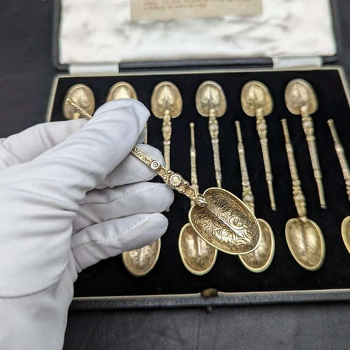1936 British vintage sterling silver anointing spoon set of 12 in a case