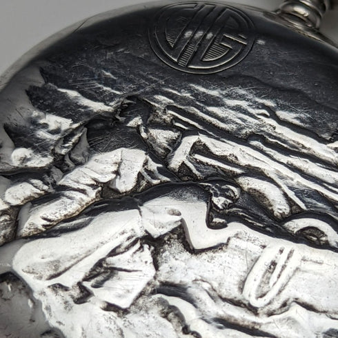 アンティーク スイス製 懐中時計 彫刻銀側オープンフェース 紙文字盤 動作良好