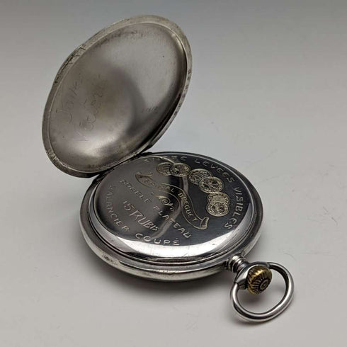 Antique Swiss-made pocket watch with engraved silver side, open face, paper dial, working condition