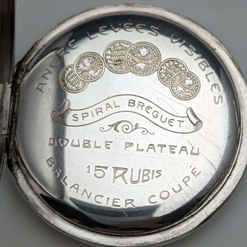 Antique Swiss-made pocket watch with engraved silver side, open face, paper dial, working condition