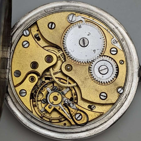 Antique Swiss-made pocket watch with engraved silver side, open face, paper dial, working condition
