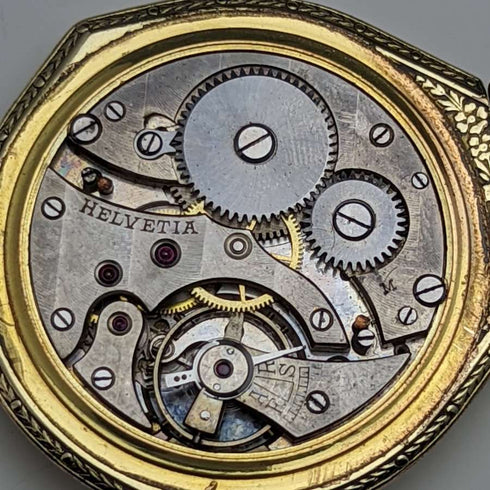 Vintage Swiss HELVETIA gold-plated case pocket watch works well