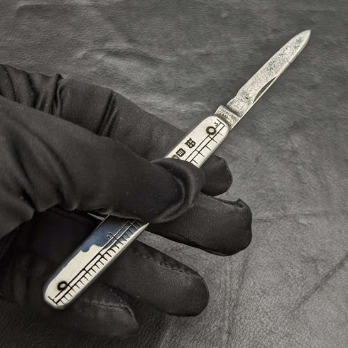 1904年 英国アンティーク 純銀ハンドル 折りたたみミニナイフ 物差し付き