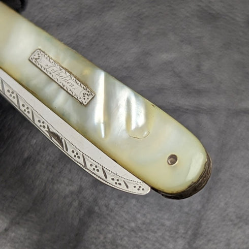 1816 British Antique White Pearl Shell Handle Pure Silver Blade Folding Pen Knife
