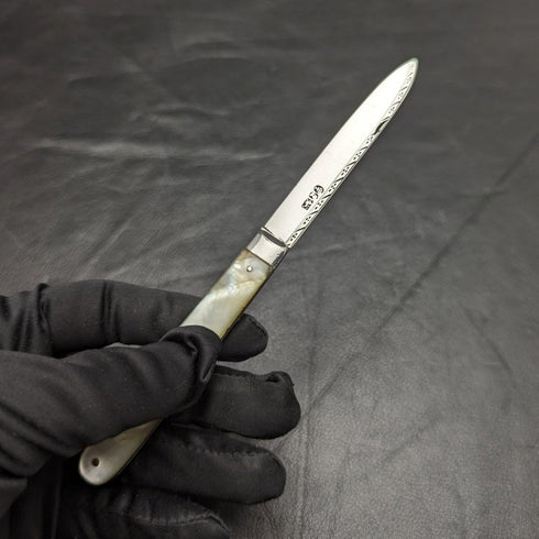 1816 British Antique White Pearl Shell Handle Pure Silver Blade Folding Pen Knife