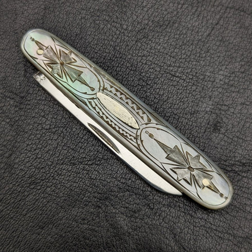 1921年 英国アンティーク 白蝶貝彫刻ハンドル 純銀ブレード 折りたたみペンナイフ