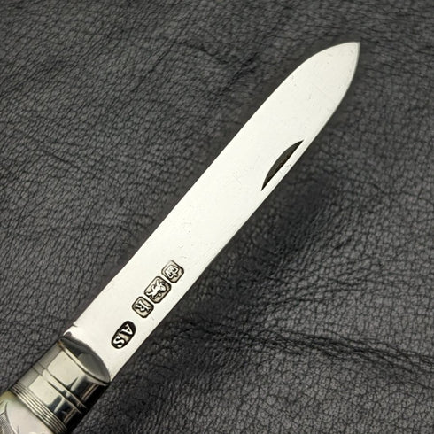 1902 British Antique White Pearl Carved Handle Pure Silver Blade Folding Pen Knife