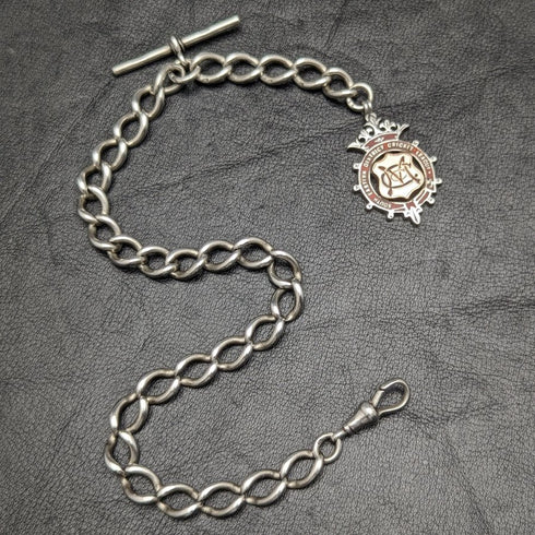 Around 1900 British Antique Sterling Silver Albert Chain 52g Sterling Silver Medal Fob