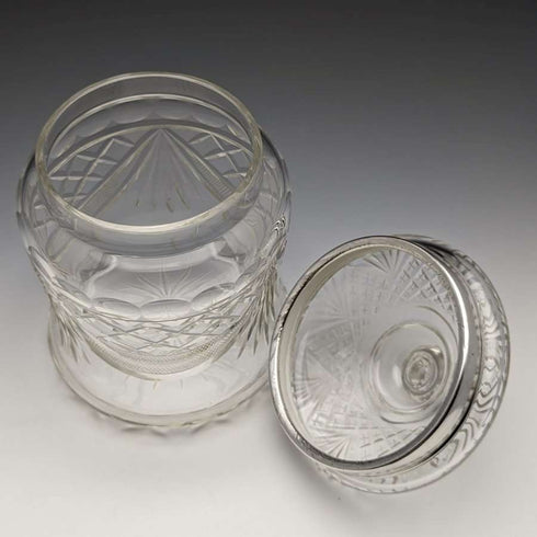 1928 British vintage cut glass biscuit barrel pure silver decoration 831g