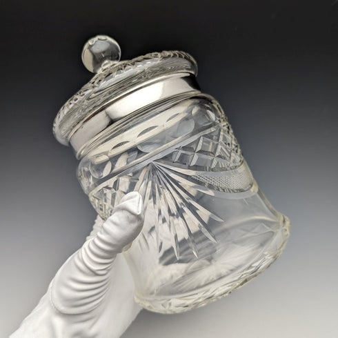 1928 British vintage cut glass biscuit barrel pure silver decoration 831g