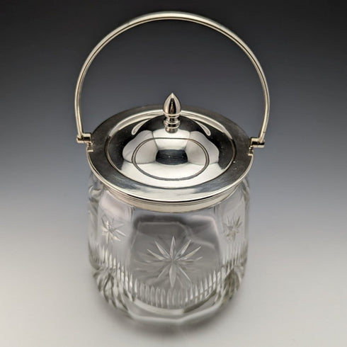 1930年頃 英国ヴィンテージ カットガラス ビスケットバレル シルバープレート蓋 1048g