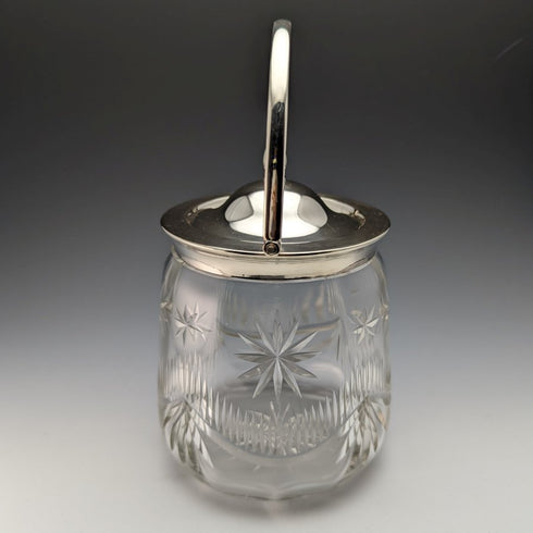 1930年頃 英国ヴィンテージ カットガラス ビスケットバレル シルバープレート蓋 1048g