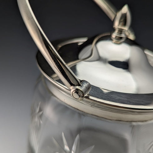 1930年頃 英国ヴィンテージ カットガラス ビスケットバレル シルバープレート蓋 1048g