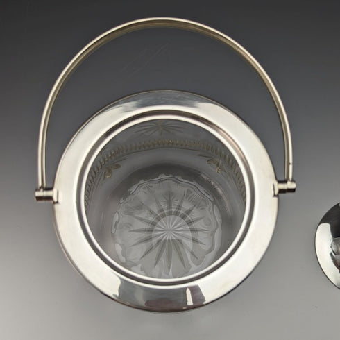 1930年頃 英国ヴィンテージ カットガラス ビスケットバレル シルバープレート蓋 1048g