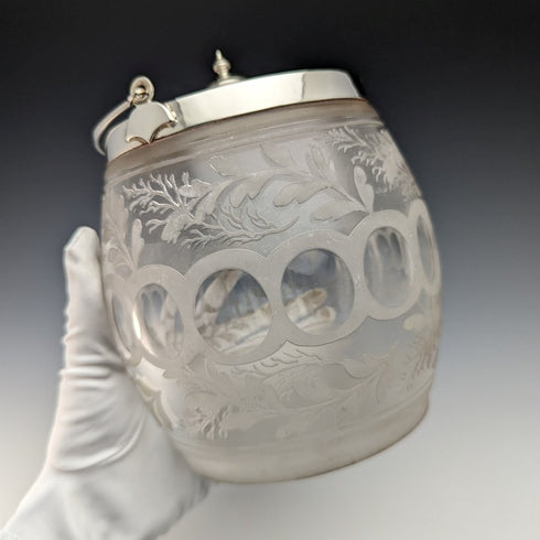British vintage cut glass biscuit barrel silver plate lid 803g