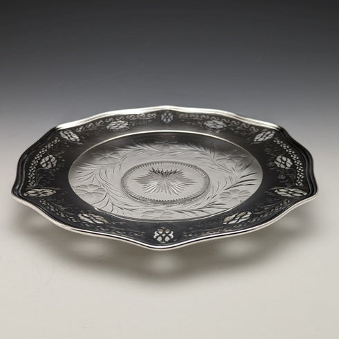 US vintage sterling silver rim decorated cut glass plate diameter 19cm