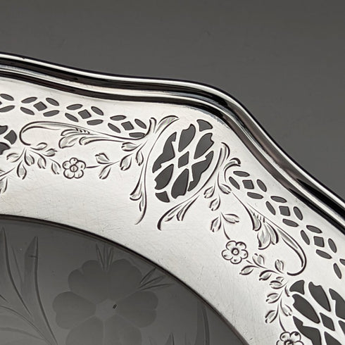 US vintage sterling silver rim decorated cut glass plate diameter 19cm