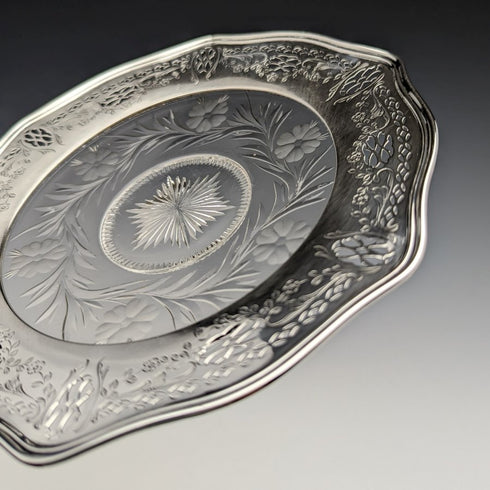 US vintage sterling silver rim decorated cut glass plate diameter 19cm