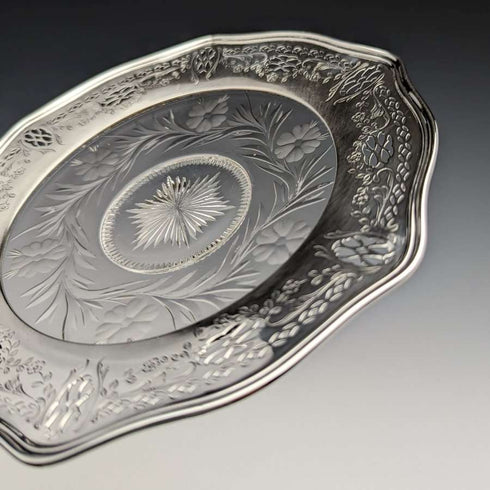 US vintage sterling silver rim decorated cut glass plate diameter 19cm