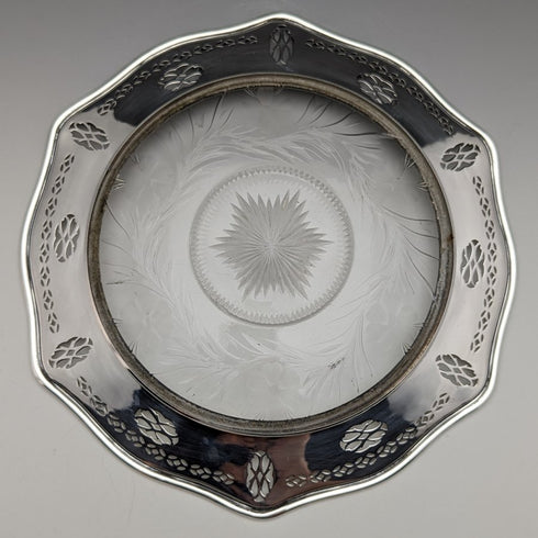 US vintage sterling silver rim decorated cut glass plate diameter 19cm