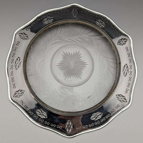 US vintage sterling silver rim decorated cut glass plate diameter 19cm