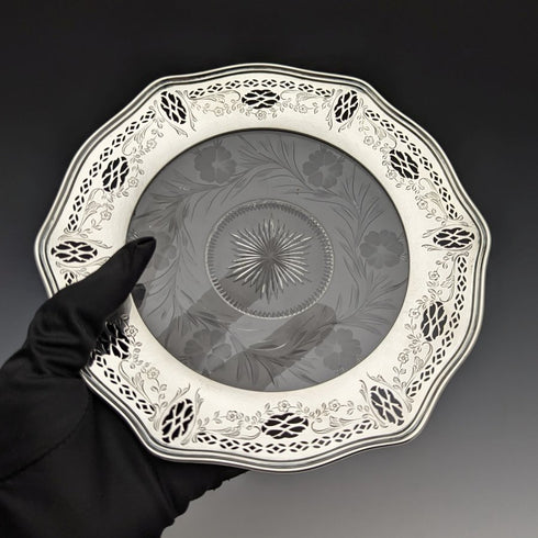 US vintage sterling silver rim decorated cut glass plate diameter 19cm